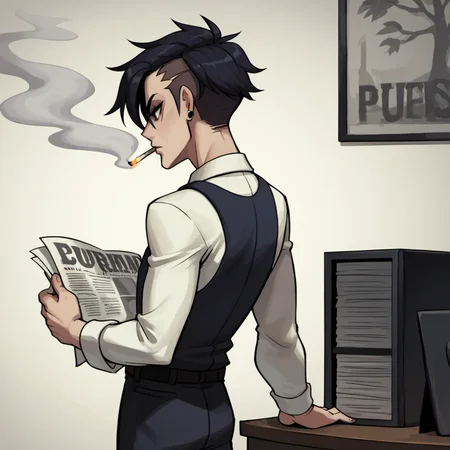 a businessman reading a newspaper in an office workplace, standing while resting his back on the side, back agaisnt a wall, side view, punk hair, smoking a cigarette
 <lora:Lab-Zero-game_Lora(PonyXL)captions2-000010:1.0>, anime artwork in lzg style, score_9, score_8_up, score_7_up, score_6_up, score_5_up, score_4_up