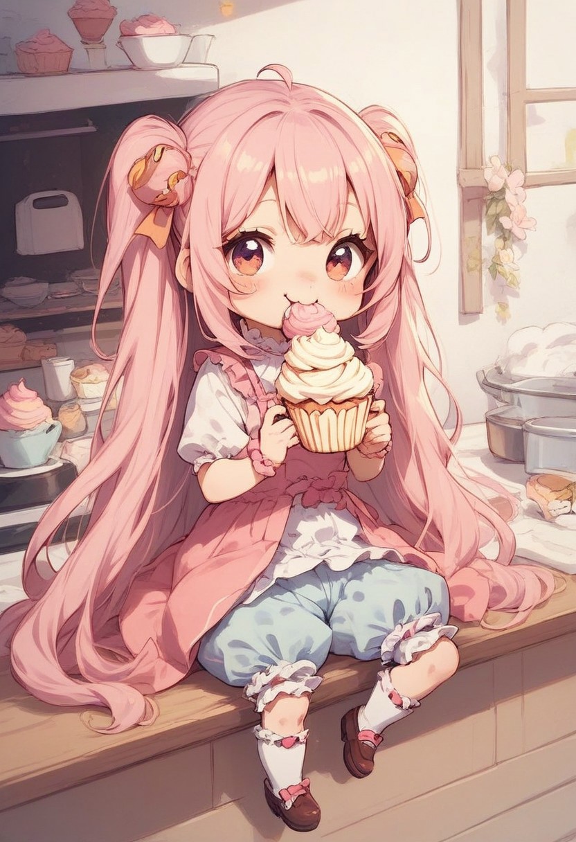 score_9, score_8_up, score_7_up, best quality, fine detail, cute, bloomers, chibi, eating cupcake, kitchen, sitting,