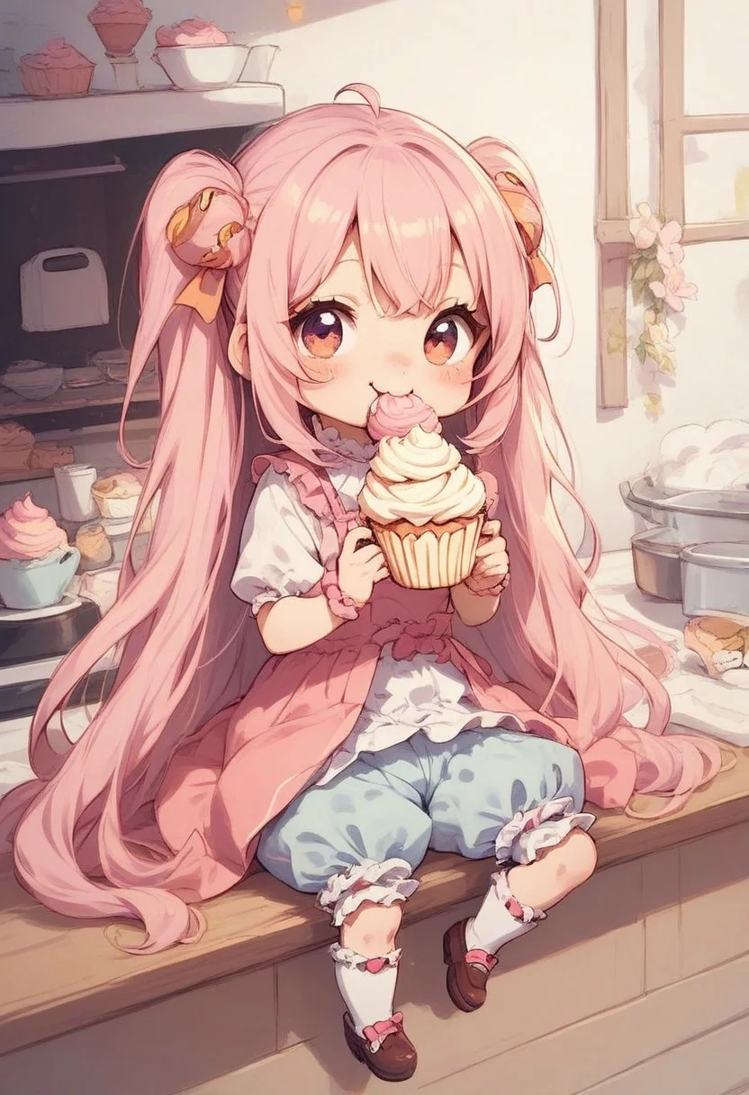 score_9, score_8_up, score_7_up, best quality, fine detail, cute, bloomers, chibi, eating cupcake, kitchen, sitting,