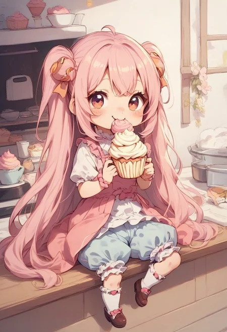 score_9, score_8_up, score_7_up, best quality, fine detail, cute, bloomers, chibi, eating cupcake, kitchen, sitting,