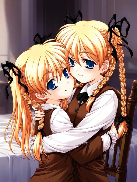 score_9, score_8_up, score_7_up, source_anime, rating_explicit, BREAK <lora:Itsukiï¼Imi_Ver2.0_XL:1> Itsukiï¼Imi, multiple girls, 2girls, blonde hair, twins, siblings, blue eyes, twintails, ribbon, sisters,
break,
twin braids, hair ribbon, long hair, chair,
brown vest, hug, upper body, shirt, smile,
short stack,