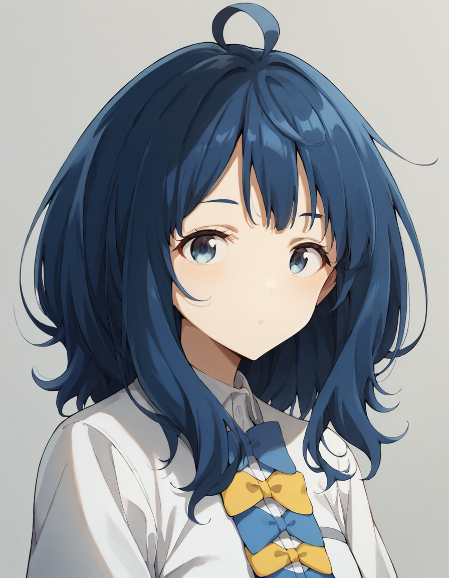 score_9, score_8_up, score_7_up, source_anime, BREAK
1girl, solo, looking at viewer, simple background, upper body, :o
anna yanami, blue hair, medium hair, ahoge, blue eyes,
school uniform, white collared shirt, short sleeves, blue bow, yellow bow, grey pleated skirt,
<lora:anna_yanami_anime-soralz:1>
