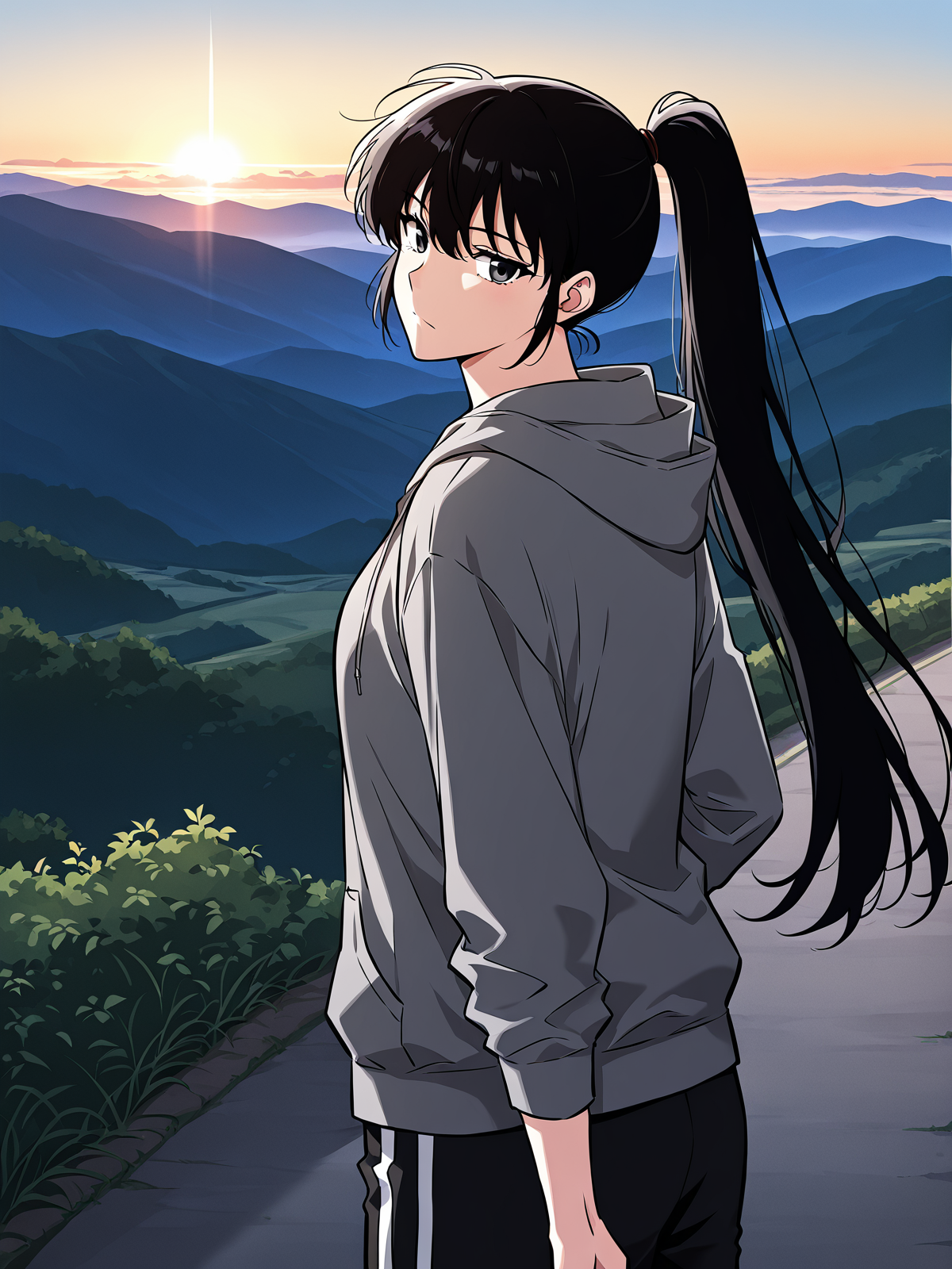 <lora:Omniscient_Readers_Viewpoint__Lee_Jihye:1>
1girl, solo, long hair, black hair, tied hair, high ponytail, black eyes, messy bangs, 
gray hoodie, black t shirt, black track pants, white stripe pants, white sneakers, modern clothing, 
score_9, score_8_up, score_7_up, source anime, BREAK, cowboy shot, (from side), looking back, looking at viewer, overlooking mountain, high altitude, scenery, exterior, background