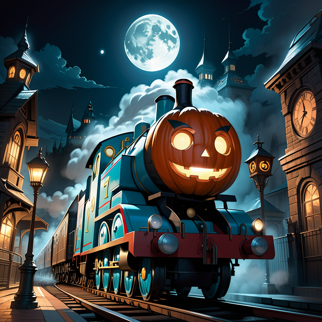 score_9, score_8_up, score_7_up, masterpiece, intricated details, concept art, dark fairy tale, steampunk style,low angle shot,  thomas the train nightmare, foggy, night railway station, train inspired by thomas the train, thomas the train staring and grinning at viewer, full moon, clear cloud, vividly lit street lamp, (thomas the train Jack-O'-Lantern:1.5), <lora:add-detail-xl:0.75>,  <lora:zavy-cntrst-sdxl:1>