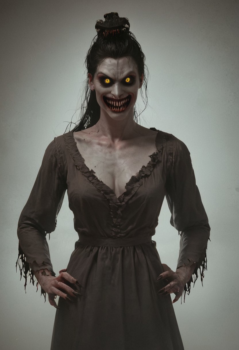 score_9, score_8_up, score_7_up, score_6_up, source_real, source_photo, a 3/4 three-quarters length portrait, WitcherToxinV1 , heavytoxin, veins, black veins, veins, 1girl, deadite woman , female deep one, valak, source_real, source_photo, in the style of the Exorcist movie, exorcist style, a possessed woman, bloodless lips, valak, Body horror, pale body, yellow eyes, long black hair, grey skin, black veins, monster, scary, paranormal, pale, black veins, long tangled black hair, teeth, hands on hips, front view, very pale skin, very pale grimy filthy skin, evil smile, demonic possession. Evil smile, a possessed woman,, yellow eyes, large breasts, hands by side, floating in mid-air, floating above ground, stained filthy white open old-fashioned stained filthy tattered nightgown, stained filthy basic Victorian nightgown, long nightgown,long sleeves, black pupils,  red lighting, bedroom with peeling wallpaper, horror, scary face, monstrous, evil, claws, red lighting, Expressiveh, g0thicPXL, glowing, neon,, zPDXL2, exorcist style