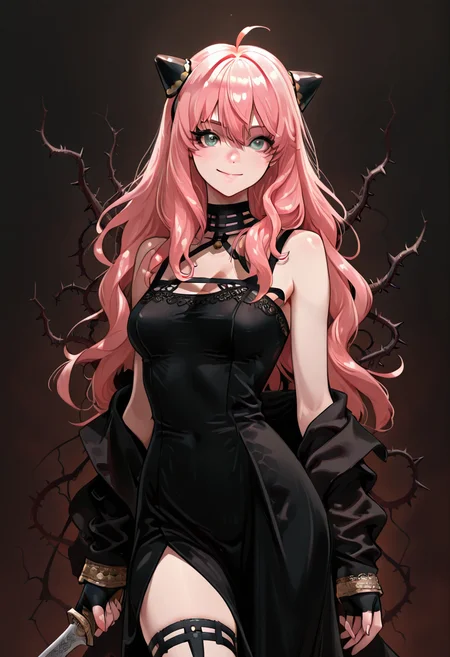 masterpiece, best quality, 1girl, solo, eyelashes, (beautiful eyes),     zzAnya, green eyes, hair between eyes, ahoge, pink hair, long hair, hair ornament, hairpods,    ,<lora:AdultAnyaIXL:1.0>,   <lora:FluxieStyle_IXL:1.0>, F1uxi3, gold hairband,hair flower, black choker, black dress,sleeveless,off shoulder, floral_print, fingerless gloves, black footwear,thigh holding dagger, BREAK, smile, looking at viewer, abstract background, thorns, dark theme, white outline, cowboy shot,