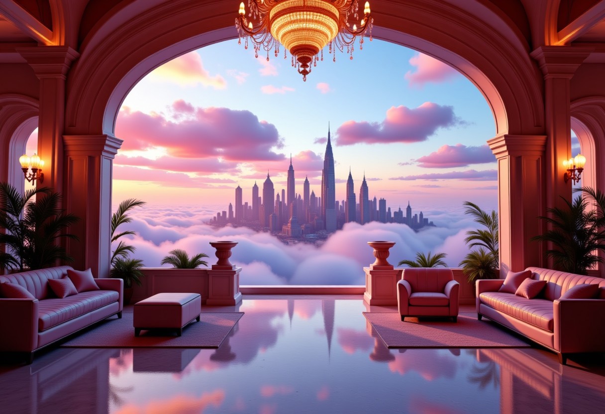 the most realistic, photorealistic photo ever taken [inside a luxurious mansion leading to a majestical city in the clouds, a GIRL FANTASY dream world with tall and modern skyscrapers, BRIGHT COLORS, floating islands in the sky, shifting landscapes, and ethereal creatures, Captured with a Hasselblad X2D 100C and an 80mm f/1.9 lens, hyper-realistic textures, elegant shadows, incredible realism, creamy bokeh, ultra-detailed textures, perfect lighting], aidmamj6.1, aidmaimageupgrader