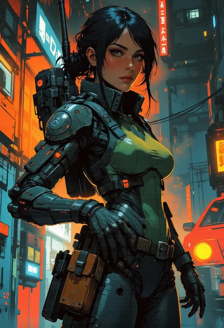 magnificent, closeup portrait, female bounty hunter, braided black hair, futuristic armor, battlesuit, mechanical armor, sleek armor, sexy, curvy, large breasts, large ass, aiming a sniper rifle, sniper rifle, aiming rifle, holstered pistol, Cyberpunk City, Neon Lights, foreshortening,
solo,
Cowboy Shot, close up, from above,