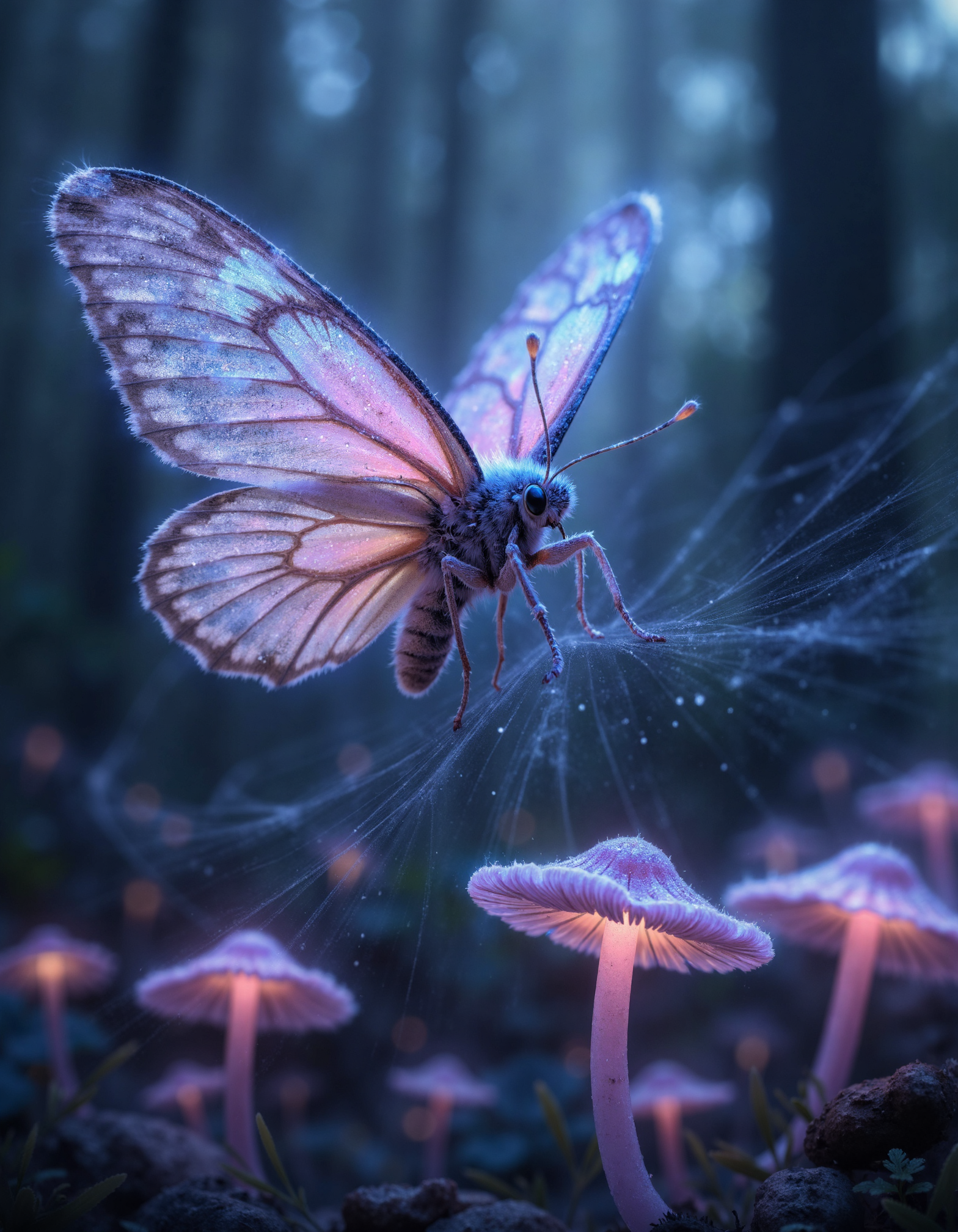 zavy-ghst, Extreme macro close-up view, a delicate spectral butterfly with shimmering wings edged in silver mist, gently hovering above a dewy spiderweb, enveloped in a twilight forest filled with phosphorescent fungi glowing softly in the background, ethereal photography style with a dreamy depth of field, iridescent pastels with hints of deep indigo and shimmering pearlescent highlights.