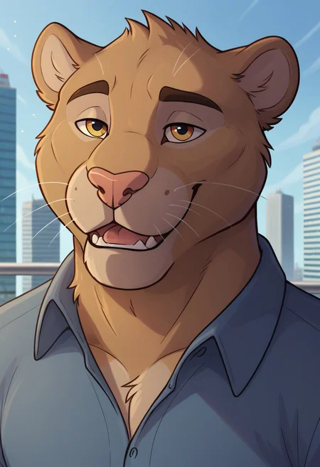 score_9, score_8_up, score_7_up, ArturoHerrera, jaguar, sexy expression, smile, bedroom eyes, blue dress shirt, khakis, brown pants, city skyline background, hi res, detailed eyes, eyes focus, perfect eyes, perfect face, best artwork, highly detailed bedroom