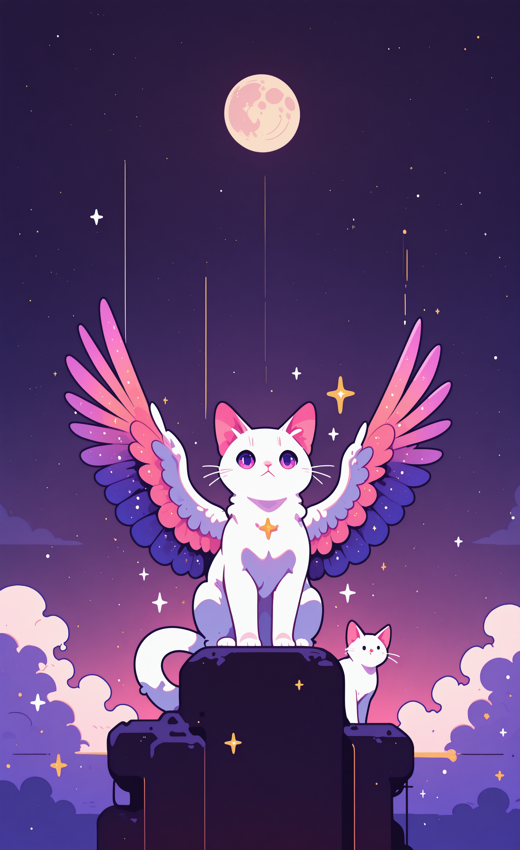 masterpiece,best quality,amazing quality,  closed mouth, purple eyes, outdoors, wings, sky, cloud, sparkle, no humans, night, animal, moon, cat, star \(sky\), feathered wings, night sky, full moon, starry sky, animal focus, white fur, whiskers, multicolored wings, white cat, purple sky, spread wings, above clouds, haiz_ai, in the style of cknc,
Flatline, Flat vector illustration <lora:ponyv6_noobE11_2_adamW-000017:0.3> <lora:checkpoint-e18_s306:1.5> <lora:ck-nc-cyberpunk-IL-000011:0.6> <lora:haiz_ai_illu:0.7>