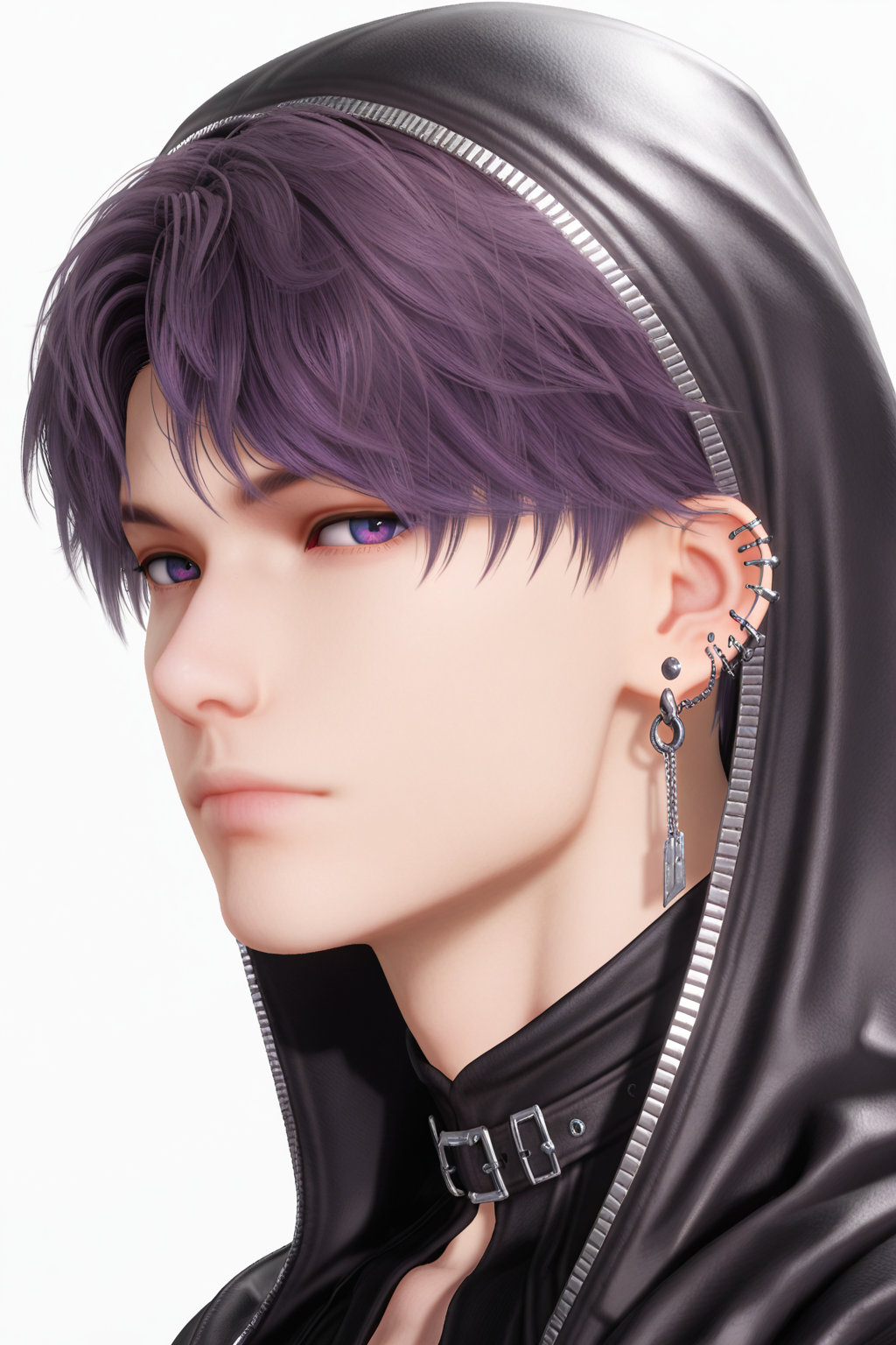 <lora:rafayel-IL-000008c:0.9>, rafayel, portrait, purple hair, solo, 1boy, male focus, earrings, piercing, jewelry, looking at viewer, hood, ear piercing, simple background, closed mouth, white background, short hair, from side, zipper, Abysswalker,  bara,male focus,very awa,masterpiece,best quality,amazing quality,nsfw,uncersored,highres,best quality,amazing quality,best aesthetic,absurdres,