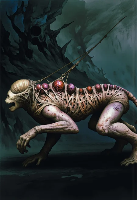 MikeFranchinastyle, Surreal art, d4artstyle, d4concept, , made of clay, aidmaMJ6.1, ZBClay model of a gray sculpture, Kentaro Miura, berserk style, H.R. Giger
a grotesque worm monkey fusion lizard creature with distorted features wrapped tightly in cloth that digs into its raw, scarred flesh. Its crawling body is elongated, bulging grotesquely under the wire, with unnatural, bulbous tumor-like protrusions along its back side. The skin appears bruised and stretched, marked by deep slashes, evoking an aura of torture.
Its limbs are elongated and sinewy, with bony appendages. The wormlike head is faceless, blending into swollen shoulders, as if struggling to emerge. The color palette includes raw, bruised flesh tones with reds, purples, and browns, emphasizing agony and confinement. Its form and stance depict perpetual suffering.
Background solid color with a faded dimly lit, black-covered darkness tone that emphasizes its silhouette. The medium is not a traditional painting or illustrative medium like watercolor or ink but rather a digital rendering, eerie and unsettling.