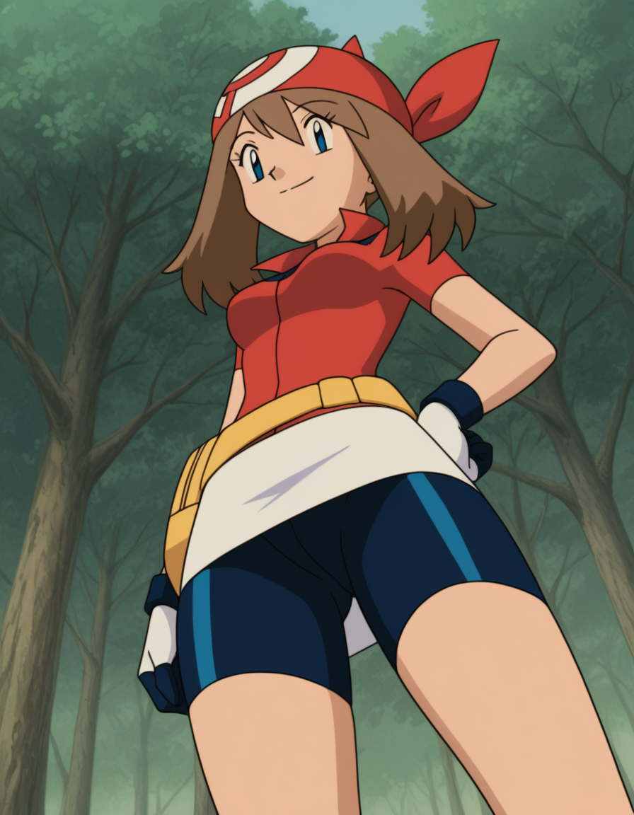 official style,may (pokemon), pokemon (anime), 2000s,brown hair, blue eyes, red bandana, red shirt, short sleeves, gloves, white pouch, white skirt, short skirt, pencil skirt, bike shorts,(((solo))),holding poke ball,(standing:1.5),(hand on own hip:1.5),
explicit,(anime screencap), 2d cel anime,anime cap,anime,anime style,anime cel,cell shadedsoft brightness,perfect face,perfect nose, perfect hair, perfect eyes,perfect female body,perfect skin,a face of perfect proportion,perfect lighting,perfect anatomy,perfect proportion,perfect hands,perfect legs,perfect fingers,masterpiece,hair between eyes,
breasts,
perky breasts,best quality,very aesthetic,absurdres,16k,intricate detail,amazing quality,(bold:3.12),thick outline,black outline,harsh lines,soft lines,deluster,boldline,curvy,(anime coloring:1.2), smile,slim,forest,day,
looking at viewer,
(from below:2.5),
super fine illustration,detailed linework,vibrant colors,kawaii,flat color,outdoors,  <lora:ãã±ããã¢ã³ã¹ã¿ã¼ãã«ã«åå ´çã¢ãã¡ä½ç»é¢¨illustriousV1.1PokemonMayMOVIE_ANIME_StyleillustriousV.1.1:1:0.8>