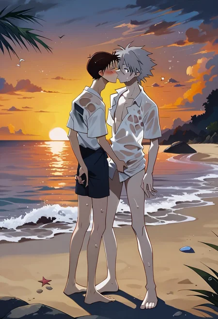 score_9, score_8_up, score_7_up, rating_explicit, BREAK,
2boys, daisyuki, kiss, kissing, standing, evangelion, shinji ikari, short hair, brown hair, blue eyes, kaworu nagisa, white hair, red eyes, wet shirt, wet clothes, nipple, shocked, eyes closed, blush, full body, long shirt, bare legs, bare feet,
beach, sunset, orange glow, dark theme, low light,