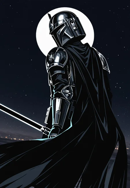 solo,
mandalorian, shiny, (black_lightsaber), looking back, floating cape,
masterpiece, absurdres, newest, [dynamic pose]