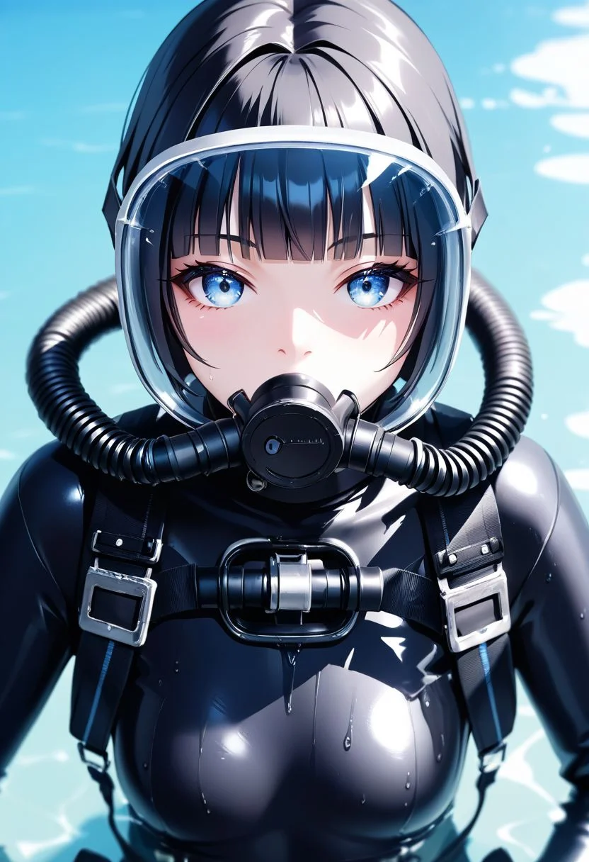 score_9, score_8_up, score_7_up, BREAK,
white skin, 1girl, hime cut hair, double hose, scuba gear, black wetsuit, black hair, choker, close up, face portrait