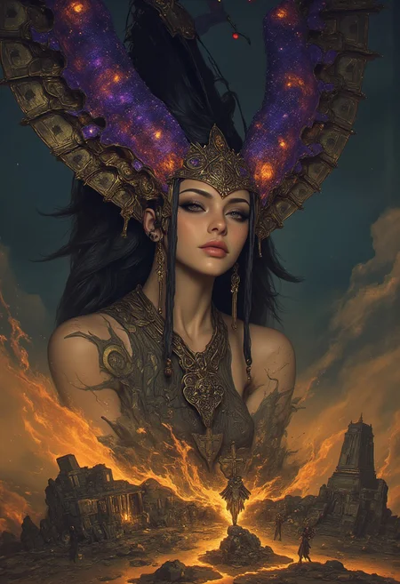 "Noctessa," goddess of twilight, born when night refused to let death take the last light, erased from time but never truly gone, hyperdetailed, 8k resolution concept art, WLOP, Moebius, Royo, celestial rebirth, divine ruins crumbling, golden dust swirling in the void.
She was not supposed to exist. Nyx ruled the night, Persephone the underworld, but in the moment between sunset and oblivion, the sky refused to darken
But in the hollow space where light dies and the underworld breathes its first exhale, something stirs.
The ground fractures, ancient symbols long buried beneath the bones of Olympus breaking open like shattered glass. A deep, resonant hum shakes the void as golden dust spirals into the air, coiling into something tangible, alive, inevitable.
From the abyss, she rises.
Noctessa’s form is forged from the remnants of creation itself, her skin luminous with the last glow of a dying sun, her violet-black hair shifting between shadow and mist, woven from the very fabric of night itself. As she ascends, the fragments of her lost kingdom lift around her—crumbling temples, shattered celestial thrones, the remnants of an empire stolen from her.
Her eyes, once veiled in forgetfulness, snap open—twin galaxies burning with the knowledge of what has been done.
The gods buried her. They took her name, her throne, her story.
But Noctessa remembers now.
And the heavens will tremble at her return.
