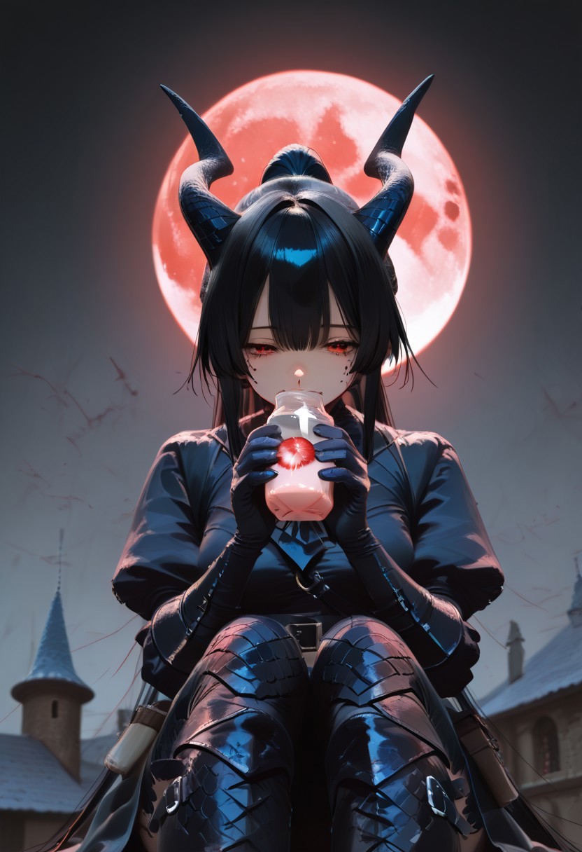 fine details, very detailed, high resolution, 
1girl, solo, black hair, straight hair with ponytail, long_hair,  gloomy red eyes, detailed eyes, dragon horns, scales, black scales, sad smile, belts, leather cloack, gloves, boots medieval,
drinking, holding bottle, strawberry milk,
outdoors,  (night medival city, (medival roofs):1.4), dim lighting, dark background, hovered in the air, side POV, full-body, red moon on background