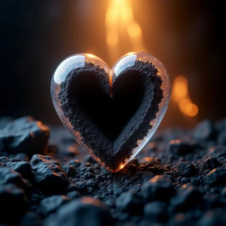 A glass heart broken down the middle exposing a sinister black core. Soft, ambient lighting illuminates the scene from above, casting a warm glow, with the blurred black lava and ash background adding depth to the composition. Highly detailed, high quality.