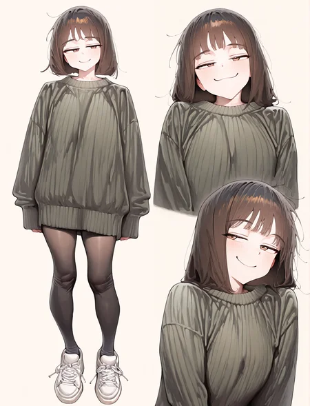 perfect quality, best quality, masterpiece, beige background, full body, <lora:saayafukuda:1> saayafukuda, brown eyes, black hair, smile, smug, oversized sweater, dark green sweater, black leggings, white sneakers, <lora:eatsleep111SDXL:0.8> eatsleep1111, (ame \(uten cancel\)),
perfect quality, best quality, masterpiece, beige background, portrait, white sneakers, shoe focus, saayafukuda, brown eyes, black hair, smile, smug, oversized sweater, dark green sweater, black leggings, white sneakers, eatsleep1111, (ame \(uten cancel\)), , <lora:multipleviews_illustrious:1> multiple views, shoe focus,