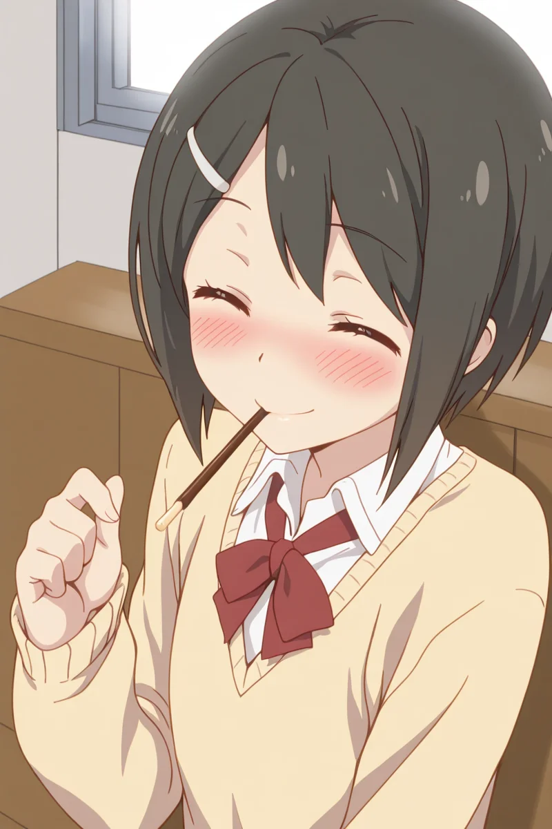 masterpiece, best quality, amazing quality,
<lora:Kaede_IL:1> kaede, 1girl, closed eyes, solo, hair ornament, blush, short hair, hairclip, pocky, black hair, smile, school uniform, sweater, pocky in mouth,