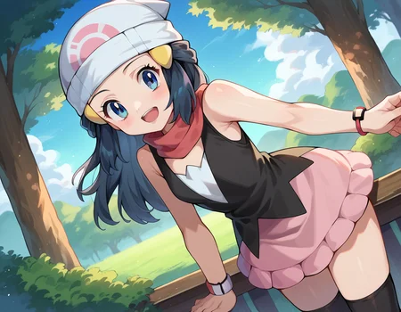 score_9, score_8_up, score_7_up, source_anime,
pokemondawn, <lora:pokemon-dawn-ponyxl-lora-nochekaiser:1>
pokemon dawn, black hair, blue eyes, sidelocks, long hair,
bare shoulders, beanie, black shirt, black socks, bracelet, hat, jewelry, kneehighs, miniskirt, pink skirt, red scarf, scarf, shirt, skirt, sleeveless, sleeveless shirt, white headwear,
outdoors, nature, bent over,
looking at viewer, cowboy shot, dutch angle,