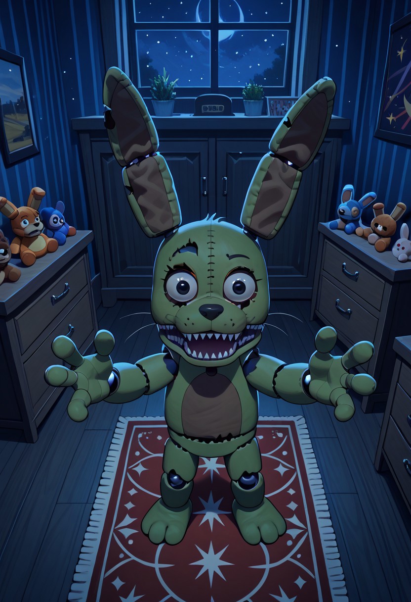 score_9, score_8_up, score_7_up, solo male, from above, high-angle view, pov, PlushtrapFNAF, rabbit ears, scut tail, teeth, sharp teeth, wear and tear, green skin, petite, barefoot, 4 fingers, perfect hands, (large head:1.1), shortstack, small body, sharp teeth, fuzzy, plush body, seam \(sewing\), stitch \(sewing\), animatronic, glowing eyes, crooked whiskers, ragged, withered, 
masterpiece, detailed face, looking at viewer, smile, open mouth, nervous, knock-kneed, cocked head, zPDXL3, dark house, inside, nighttime, night, raised arms, hands up, reaching towards viewer, bedroom, carpet, chair, standing, living plushie, detailed background, dutch angle, spooky, perspective