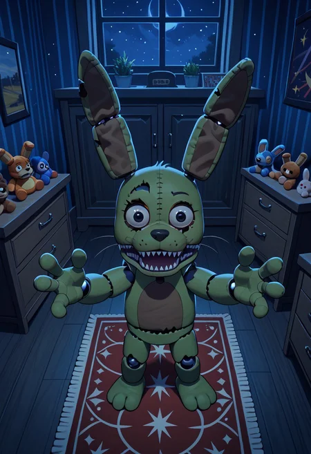 score_9, score_8_up, score_7_up, solo male, from above, high-angle view, pov, PlushtrapFNAF, rabbit ears, scut tail, teeth, sharp teeth, wear and tear, green skin, petite, barefoot, 4 fingers, perfect hands, (large head:1.1), shortstack, small body, sharp teeth, fuzzy, plush body, seam \(sewing\), stitch \(sewing\), animatronic, glowing eyes, crooked whiskers, ragged, withered,
masterpiece, detailed face, looking at viewer, smile, open mouth, nervous, knock-kneed, cocked head, zPDXL3, dark house, inside, nighttime, night, raised arms, hands up, reaching towards viewer, bedroom, carpet, chair, standing, living plushie, detailed background, dutch angle, spooky, perspective