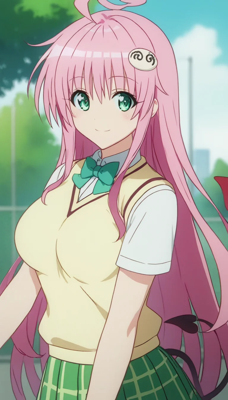 score_9,score_8_up,score_7_up,score_6_up BREAK official art,solo,outdoors,upper body,(portrait:1.5),looking at viewer,facing viewer,smile,blush,Lala Satalin Deviluke,ahoge,very long hair,pink hair,hair ornament,sidelocks,bangs,green eyes,school uniform,sweater vest,yellow vest,white shirt,collared shirt,green bowtie,short sleeves,large breasts,miniskirt,green skirt,plaid skirt,pleated skirt,demon tail,zettai ryouiki,black thighhighs,loafers,<lora:Lala Satalin Deviluke(tlr)-Pony:2>,