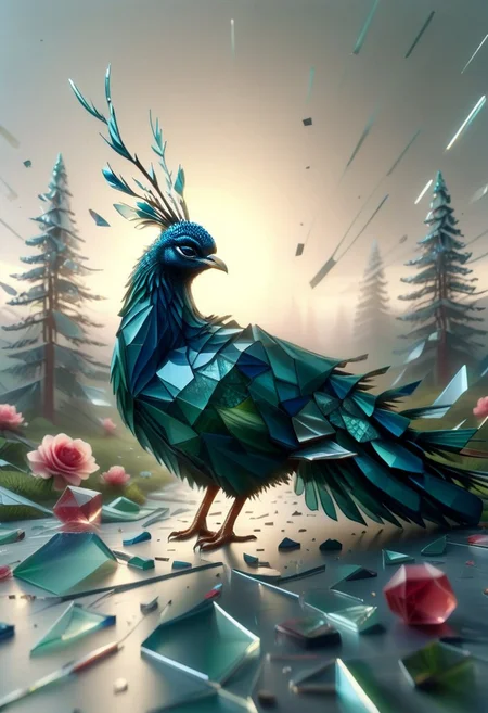 mesmerizing geometric patterns, geometric complexity, The wind , clouds high, tall trees, forest pathways, bloom of roses,(peacock made of mesmerizing geometric patterns of Glass Shard:1.5), open tail, grass. honeycomb, curvilinear
, score_9, score_8_up, score_8_up, masterpiece,super detailed face, super high resolution, FaceDetail, masterpiece-level, highly detailed, intricate details, detailed background, complex background, cinematic, intricately detailed illustration, depth of field, masterpiece, best quality, amazing quality, very aesthetic, absurdres, newest, very awa, shadow, lazympos, lazypos
