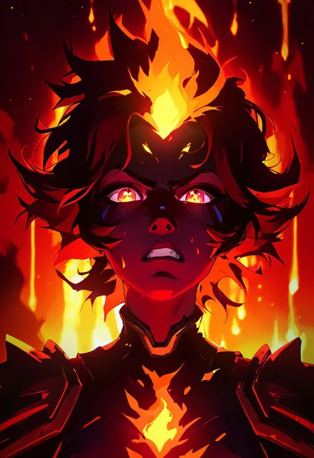 score_9, score_8_up, score_7_up, TKMND, ARKN2, volumetric lighting, portrait, face focus, cel shading, face adorned with ARKN2, NLSTN, glowing, dark, shadows,
BREAK
1girl, short hair, red pupils, fire mage, fiery hair, messy hair, dark red hair, leotard, gold patterns on leotard, angry face, sparkling eyes, arcane energy, lava dripping down face, dripping lava, flames in background, flames accentuates features,