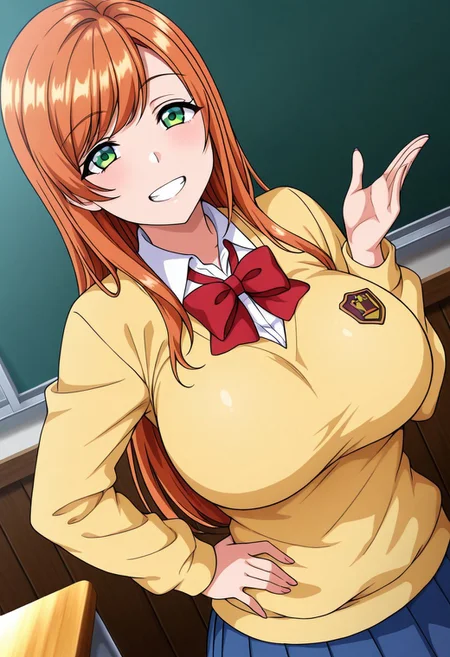 general,highres, ultra-detailed,very aesthetic,best quality ,best hands,best eyes,easynegative,
dynamic anglre, dutch angle, anime cloring,
1girl solo,looking at viewer,smile,school, indoors, hand on hip,teeth,
Minako SANADA,orange hair, long_hair, green_eyes, huge_breasts,school uniform,