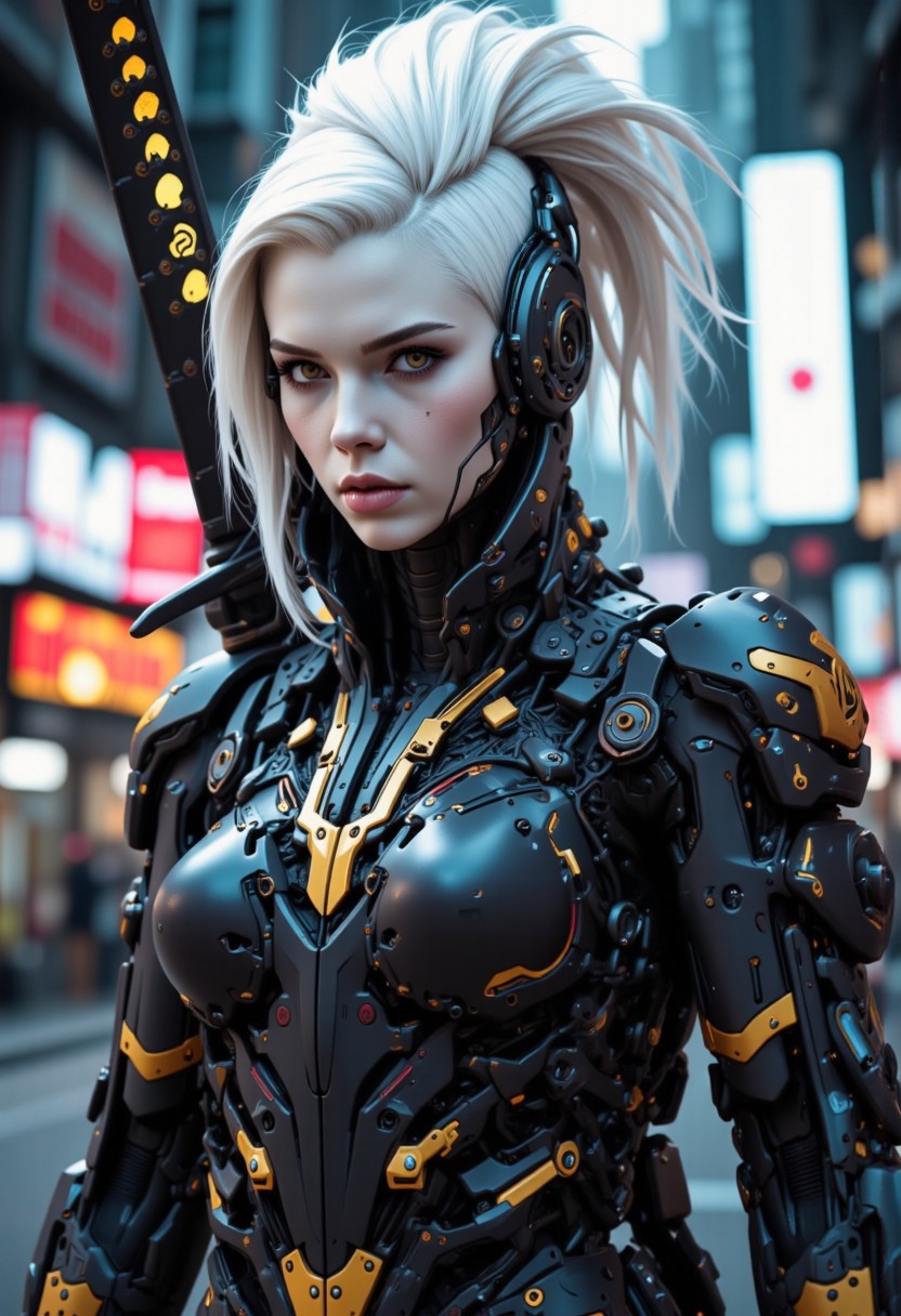 high angle camera view from above and at a distance, realism, skin texture style, Photo Quality Gorgeous Female Face, Ultra Pale Extremely White Skin, Tall White Mohawk Hair Style, detailed, facial expression style, High details face, High detailed Eyes, Full Body view, Mecharmor, futuristic, Jet Black with Very Dark Gold Trim Exosuit, Heavy Mech, Dynamic Aggressive Combat Pose, busty breasts, Cleavage with Covered Nipples, Exosuit, Extremely Low V cut top, Power Armor, futuristic, Tactical Futuristic Samurai Sword, Perfect hand, Heavy Mech, Armor Color Jet Black with Very Dark Gold Trim, Robot, Full body, Ready to strike, futuristic, (off-center composition, left aligned, Portrait),  Detailed hand, battle-worn, Gothic Neon Cyberpunk Night City Cityscape Background, cinematic film still glamorous photo dark art by Rafael Zabaleta, expressionism art by Asger Jorn, vibrant, Abstract expressionism, experimental painting techniques, bold bright colors, dynamic compositions, Expressionism, emotive brushwork, brilliant tones, dramatic lighting, introspective themes. high fashion, luxurious, extravagant, stylish, sensual, opulent, elegance, stunning beauty, professional, high contrast, detailed. shallow depth of field, vignette, highly detailed, high budget, bokeh, cinemascope, moody, epic, gorgeous, film grain, grainy