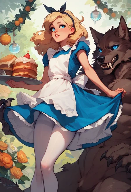score_9, score_8_up, score_7_up, score_6_up, 1girl, blue eyes, blue dress, white pantyhose, apron, black hairband, blonde, werewolf behind her