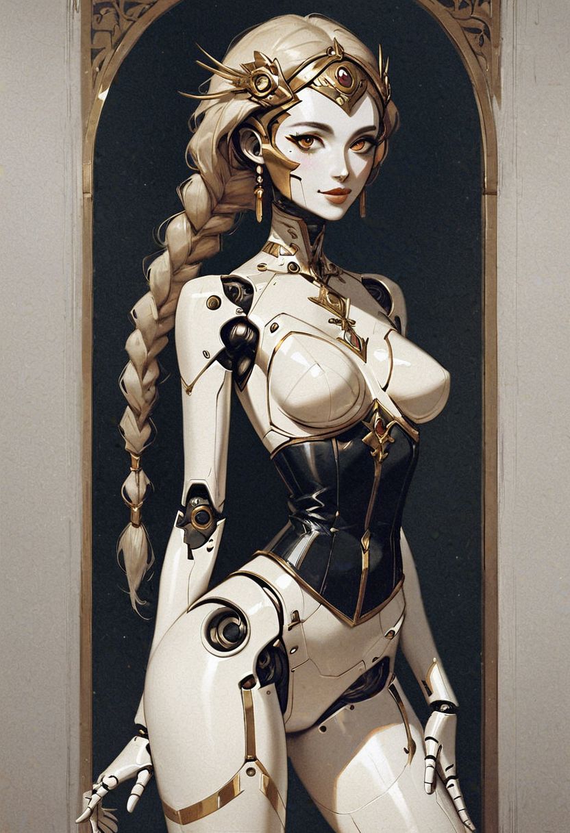score_9, score_8_up, score_7_up, robot girl, ((robot body)), young face, beautiful,proud, medium breasts, (big lips:0.6), dark metal body, perfect skinny ass, (thighs gap), legs wide spread, black corset and skirt, gold accents, rim lighting, long braided ponytail, solo, xenotr1p