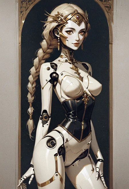 score_9, score_8_up, score_7_up, robot girl, ((robot body)), young face, beautiful,proud, medium breasts, (big lips:0.6), dark metal body, perfect skinny ass, (thighs gap), legs wide spread, black corset and skirt, gold accents, rim lighting, long braided ponytail, solo, xenotr1p