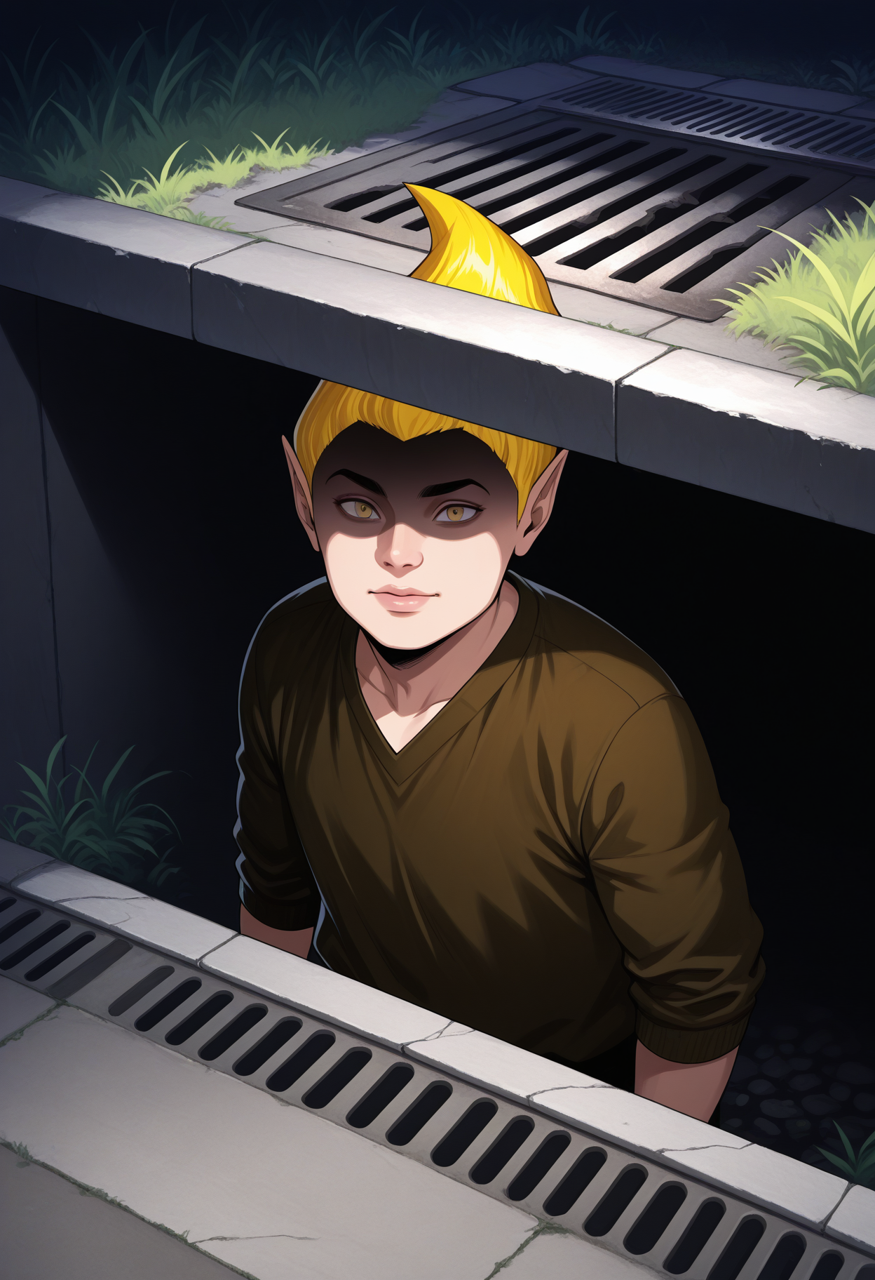 masterpiece, best quality, amazing quality,, byazura, , brown shirt, <lora:adoringFan_illustrious_byJaneB:1.1>, 1boy,  quality: masterpiece, extremely aesthetic, highly detailed, vibrant colors, vivid colors, saturated, , <lora:pennywise-in-the-sewer-ponyxl-lora-nochekaiser:1>, pennywise in the sewer, pennywise in the sewer (meme), storm drain, sewer grate, grate, sewer, meme, concrete, grass, sidewalk,, shaded face,,, , cowboy shot, solo,