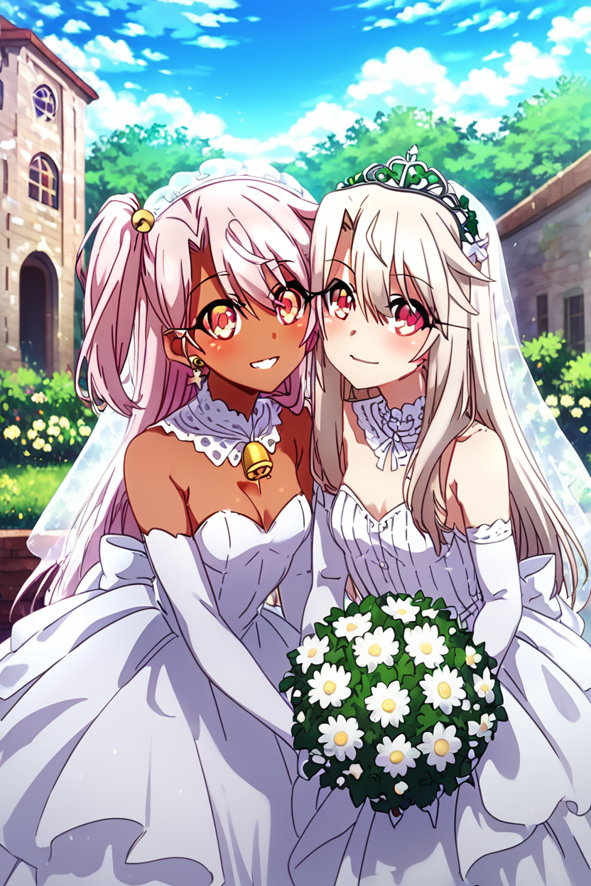 score_9, score_8_up, score_8, (big breasts), (curvy), cute, eyelashes,      rating safe,   BREAK,  2girls,  chloe von einzbern, yellow eyes, pink hair, long hair, one side up, dark skin,   illyasviel von einzbern, red eyes, white hair, long hair, red eyes,    bride, wedding dress, bridal veil, strapless dress, elbow gloves,  holding bouquet,  (leaning forward), (bell), arch, sky,  ,,, smile, looking at viewer,   ,,, embedding:zPDXL, Expressiveh,  <lora:PrismaIllya_PDXL_v3:1.0> <lora:SDXLFaeTastic2400:0.5>,  <lora:Expressive_H-000001:0.4>,