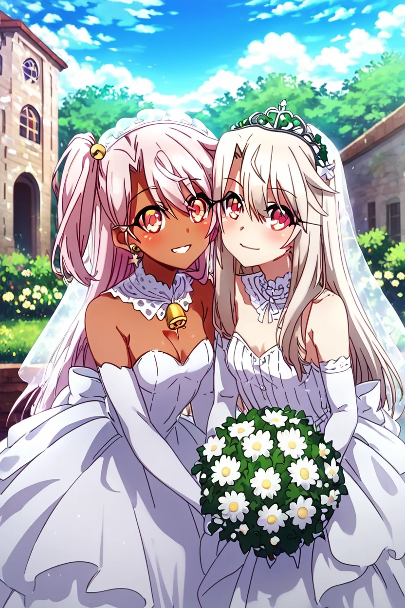 score_9, score_8_up, score_8, (big breasts), (curvy), cute, eyelashes, rating safe, BREAK, 2girls, chloe von einzbern, yellow eyes, pink hair, long hair, one side up, dark skin, illyasviel von einzbern, red eyes, white hair, long hair, red eyes, bride, wedding dress, bridal veil, strapless dress, elbow gloves, holding bouquet, (leaning forward), (bell), arch, sky, ,,, smile, looking at viewer, ,,, embedding:zPDXL, Expressiveh, <lora:PrismaIllya_PDXL_v3:1.0> <lora:SDXLFaeTastic2400:0.5>, <lora:Expressive_H-000001:0.4>,