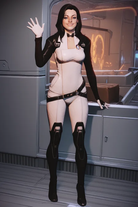 score_9, score_8_up, score_7_up, score_6_up, BREAK, MirandaLawsonMEXL, blue eyes, black hair, long hair, medium breasts, black choker, white bodysuit, black sleeves, gloves, black belt, black thigh boots, solo, full body, standing, waving, seductive smile, looking at viewer, indoors <lora:MirandaLawsonMEXL:1>