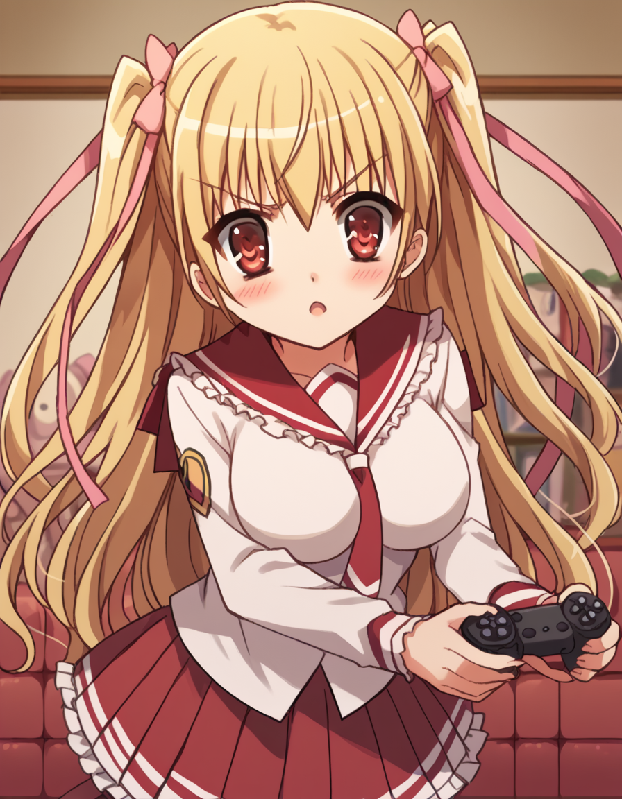 score_9, score_8_up, score_7_up, source_anime, <lora:riko-mine-s1-ponyxl-lora-nochekaiser:1>, riko mine, long hair, blonde hair, ribbon, red eyes, hair ribbon, twintails, two side up, large breasts,, skirt, school uniform, pantyhose, necktie, frills, serafuku, long sleeves, frilled sailor collar, red sailor collar, white shirt, red necktie, red skirt, pleated skirt, frilled skirt,, living room, video game, controller, competitive, fun, afternoon, , <lora:x-arms-ponyxl-lora-nochekaiser:1>, x arms, blush, open mouth, leaning forward,, looking at viewer, solo,, dutch angle, cowboy shot