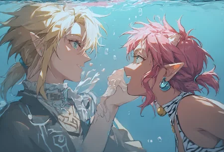 score_9, score_8_up, score_7_up, score_6_up, Masterpiece, source_anime screenshot, duo, 1 girl, 1 boy, vivid colors, shiny and glossy, anime style, high-res, beautiful aesthetic, very intricate, high-quality details, vibrant, highly detailed, award-winning, professional, <lora:pink-ponyxl-v2:1>, open mouth smile, single fang showing, sleeveless dress, white tiger print dress, pelvic curtain, cleavage, white cat ears, cat bell necklace, bright pink hair, long hair, tanned, white tiger tail, red sash, small breasts, leather shoes, detailed eyes, green eyes, detailed face, suba rebreather on mouth, BREAK score_9, score_8_up, score_7_up, score_6_up, Masterpiece, source_anime, 1 girl, 1 boy, vivid colors, shiny and glossy, anime style, high-res, beautiful aesthetic, very intricate, high-quality details, vibrant, highly detailed, award-winning, professional, <lora:link:1> link1, link, soft smile, pointy ears, blonde hair, blue eyes, medium hair, side locks, earrings, short ponytail, triforce on back of hand, blue hylian tunic, scuba rebreather on mouth
Break
Deep under water in the ocean, in front of colorful reef, very colorful, fish everywhere, link and pink diving, swimming, pink and link looking for sunken treasure, Underwater, submerged, ocean, bubbles, sunlight, god rays,