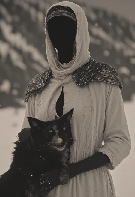 Outside, snowy mountain, Extreme CloseUp of the hooded No Face, DARK movie still, heavy Film grain, monochrome with Low Key color Highlights, A dystopian DARK Female Busty villain No Face mona lisa clad in a bright but worn White Habit, Cleavage, Holding black  fluffy realistic horned kitten, billowing Long wide hood, outworn Cape and armored suit, dust, dirt, gritty, Red billowing Aura, Film Noir Style, high contrast, deep blacks, vibrant amber and White/beige, soothing bleaked atmospheric lighting, eye-trails, snow, Wind, floating particles,