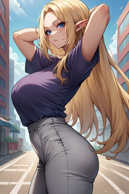 score_9, score_8_up, score_7_up, score_6_up, source_anime, 1girl, solo, <lora:alpha-pdxl-nvwls-v1-000005:1> alpha, blue eyes, blonde hair, pointy ears, purple t-shirt, grey pants, arms behind head, looking at you, from side, blue sky, city, big breasts