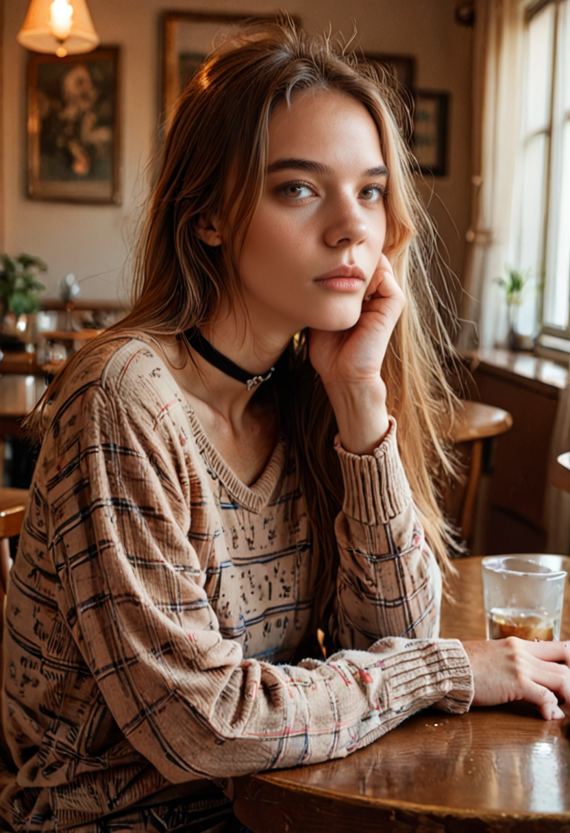 score_9, score_8_up, score_7_up, score_6_up, score_5_up, score_4_up, source_photo, source_real, 1girl, brown_hair, brown_eyes,  long_sleeves, sitting, choker, indoors, sweater, lips, plaid, table, head_rest, realistic  <lora:emma_v3_nobody_pxl:1>