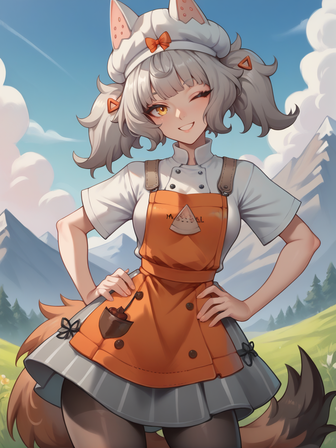 score_9, score_8_up, score_7_up,, 
1girl, smile, dutch angle, naughty pose, looking at viewer, hands on hips, one eye closed, mountains, solo, dynamic pose, cowboy shot, head tilt, sexually suggestive, blue sky, outdoors,
 <lora:AMargherita_character:0.75>, MargheritaXL,, grey hair,  yellow eyes, twintails, hair ornament, hat, single glove, white shirt, orange apron, pantyhose, grey skirt, animal ears, tail,  <lora:Bonifasco_PonyXL_v1:0.8>