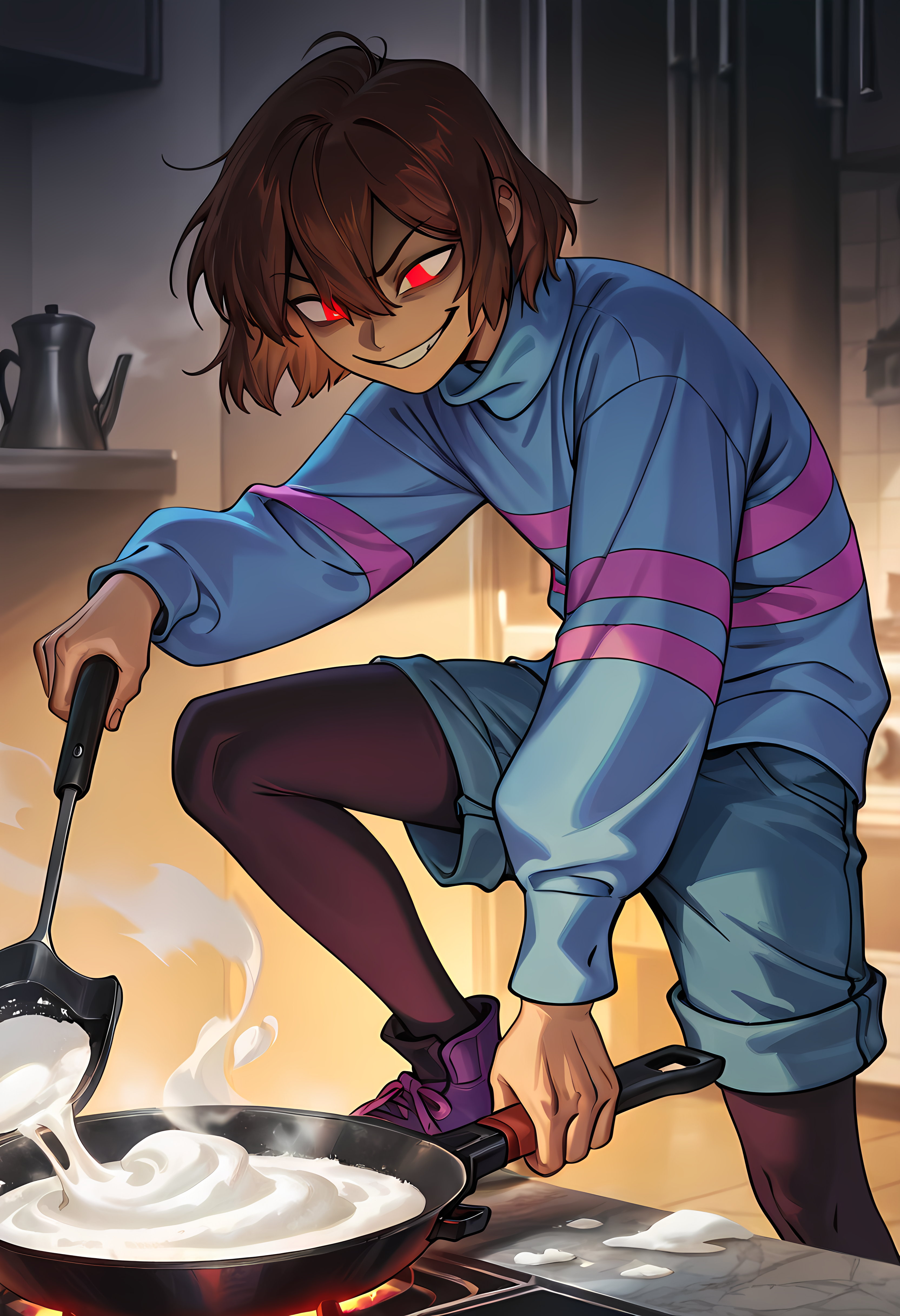 , <lora:L0LSPL4SH_IllustriousXLv01:0.6> best quality, masterpiece \(quality\), L0LSPL4SH, year2024, year2023, West Studio, sixmorevodka,1 girl,,short hair, purple outfit,  frisk , brown hair, red glowing eyes,,, sweater, evil smile,, solo, striped sweater, , striped, ,  shorts,blue shirt,purple striped shirts, <lora:Frisk_new_ill:1>,turtleneck,frisk,pantyhoes<lora:add-detail-xl:1>,masterpiece,best quality,amazing quality,very aesthetic,absurdres,newest,huge filesize,<lora:spo_sdxl_10ep_4k-data_lora_webui:0.5>,,,, black legwear,holding a frying pan,,detailed background,kichen,,frying snow,cooking snow on pan,holding a pan with two hand