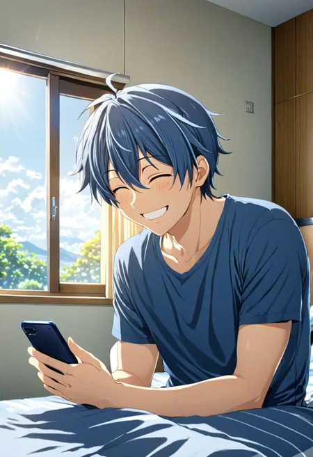 high resolution, solo, best quality, 1Boy, Tomoya Okazaki, Grey Blue Hair, holding smartphone, t-shirt, on the bed, sunny day, window, smile, open eyes, side view, sit, nap, indoor, bed room, OverallDetail