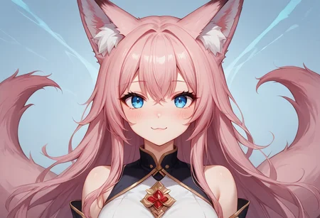 (masterpiece), (best quality), source_anime+, perfect anatomy, HD, 10k res, digital_media_(artwork) hi_res, intricate, high quality, amazing quality, Expressive Face, 
A fox girl with long pink hair and blue eyes, Drestoria-Style_V1, semi-realism, nose, Zyrnox-Exoterra Style